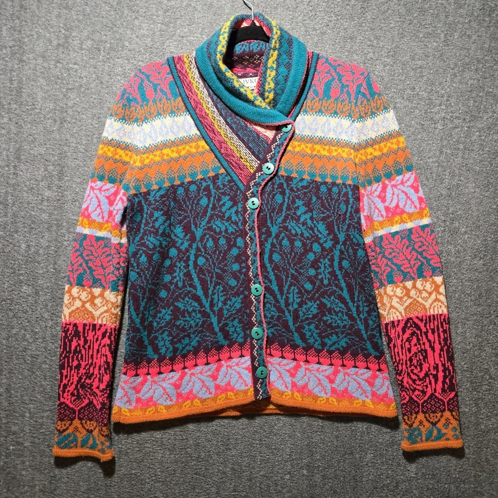 IVKO WOMENS Wool Collar Cardigan Sweater SZ 40 Med Knit Forest Motifs Jacket